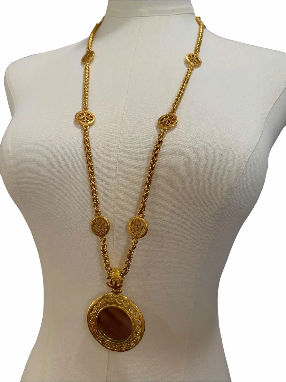 CHANEL Gold Plated Long Medallion Necklace with Mirror Pendant